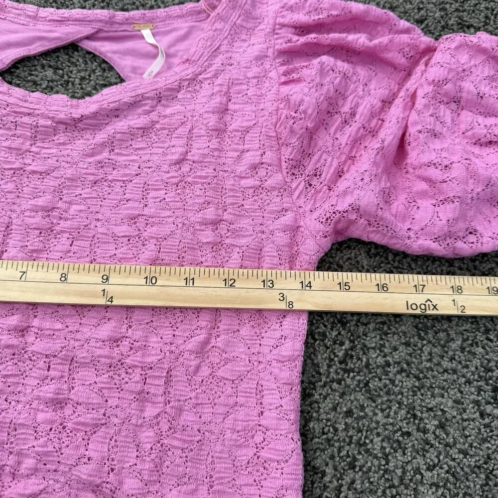 Free People Women's Tea Time Top Plumeria Pink Lace Small Stretch Balloon Sleeve